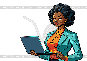 Girl with laptop and suit in retro comic style and - vector image