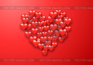 Valentine`s Day greeting card with red hearts flyin - vector clipart