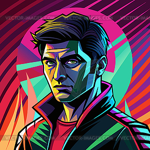 Colorful male portrait in vibrant pop art style wit - vector clipart