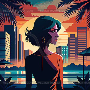 Stylish woman gazing at sunset skyline with tropica - vector image