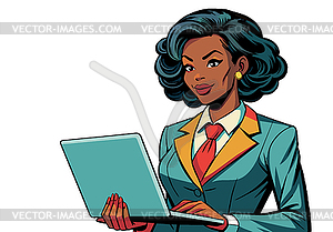 Girl with laptop and suit in retro comic style and - vector clipart