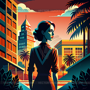 Stylish woman gazing at sunset skyline with tropica - vector clipart