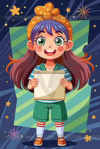 Cute little girl holding blank placard or poster. - vector image