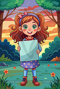 Cute little girl holding blank placard or poster. - vector image