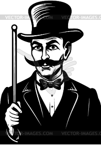 Vintage gentleman with top hat and mustache, drawn - vector clipart