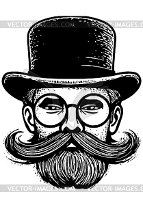 Vintage gentleman with top hat and mustache, drawn - vector clip art