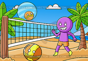 Beach volleyball scene in cartoon colors with kid - vector clipart