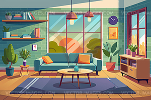 Cozy modern living room with large windows, green - vector EPS clipart