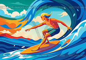 Surfer riding wave in minimalist style , with - vector clip art