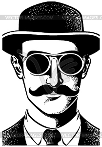 Vintage gentleman with top hat and mustache, drawn - vector clipart