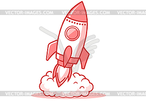 Rocket launch minimal line with clouds and stars - vector image