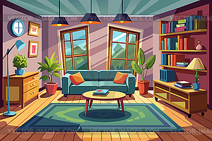 Cozy modern living room with large windows, green - vector image