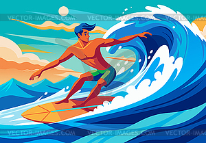 Surfer riding wave in minimalist style , with - vector image