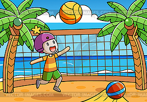 Beach volleyball scene in cartoon colors with kid - vector clipart