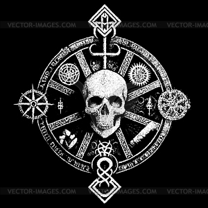 Occult skull label, mystic symbol within circular - vector clipart