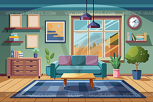 Cozy modern living room with large windows, green - vector clipart / vector image