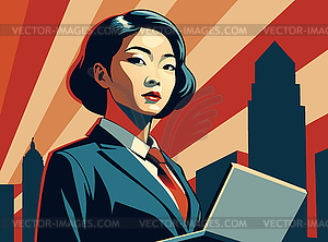 Powerful asian business woman with laptop, in - vector clip art