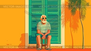 Old man relaxing by colorful tropical house. Old - vector image