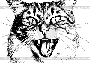 Black and white an angry cat with open mouth and - white & black vector clipart