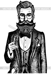 Vintage gentleman with top hat and mustache, drawn - vector clipart