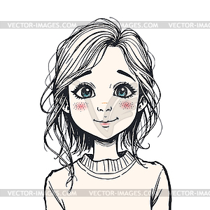 Cute cartoon girl with big eyes, portrait - vector image