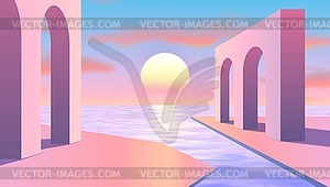 Vaporwave surreal landscape with pink arches and - vector image