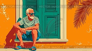 Old man relaxing by colorful tropical house. Old - vector clipart