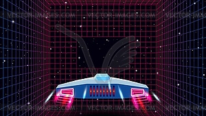 Arcade space ship flying through triangular gate, - vector EPS clipart