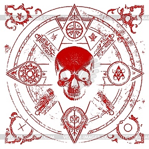 Occult skull label, mystic symbol within circular - vector image
