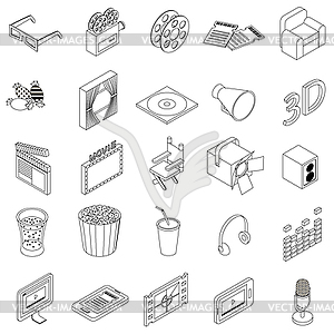 Cinema icons set, isometric 3d style - vector image