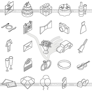 Wedding icons set, isometric 3d style - vector image