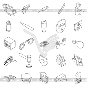 Crime icons set, isometric 3d style - vector clip art