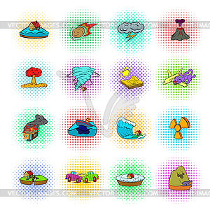 Natural disaster icons set, pop-art style - vector clipart