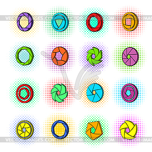 Camera aperture icons set, pop-art style - vector image