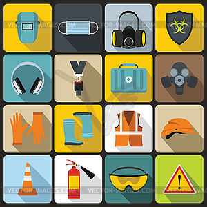 Safety icons set, flat style - vector image