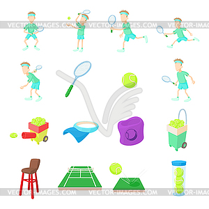 Tennis icons set, cartoon style - vector image