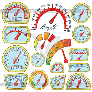 Набор иконок спидометра, мультяшном стиле - векторное изображение