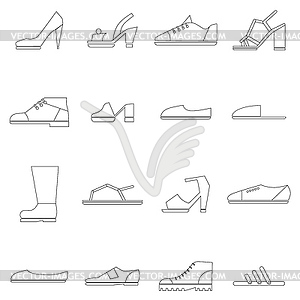 Shoes icons set, thin line style - vector clipart