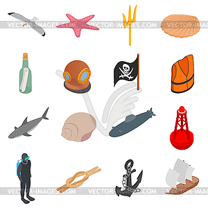 Sea Icons set, isometric 3d style - vector image