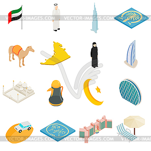 UAE icons set, isometric 3d style - vector clip art