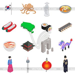 South Korea icons set, isometric 3d style - vector image