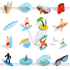 Surfing isons set, isometric 3d style - color vector clipart