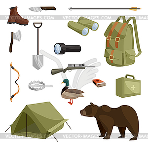 Hunting icons set, cartoon style - vector image