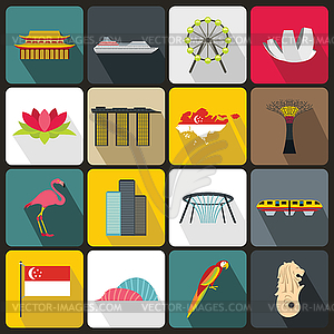 Singapore icons set, flat style - vector clipart