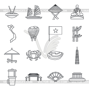 Vietnam travel icons set, outline style - vector clipart