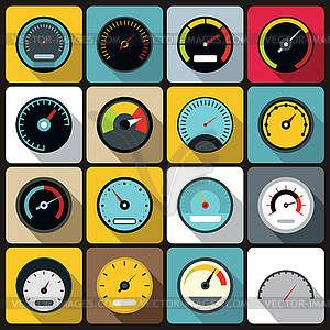 Speedometer icons set, flat style - vector clipart