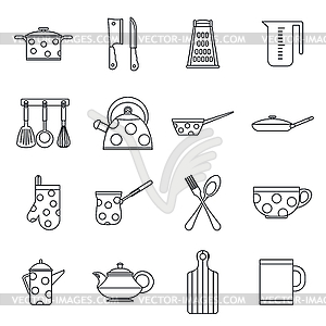 Kitchen tools and utensils icons, outline style - vector image