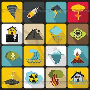 Natural disaster icons set, flat ctyle - vector image