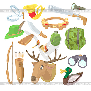 Набор иконок охоты, мультяшном стиле - изображение в векторном формате