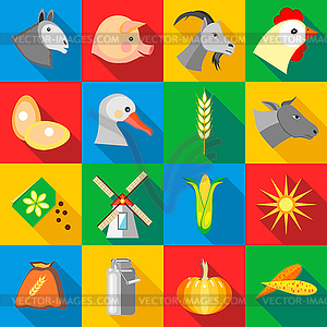 Farm icons set, flat style - vector image